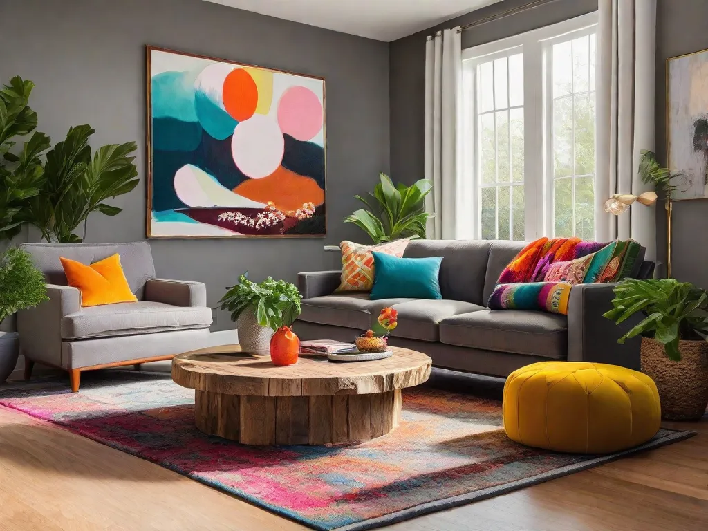 Descrição da imagem: Uma sala de estar aconchegante com uma decoração moderna e eclética. A sala apresenta um sofá cinza confortável com almofadas coloridas, uma mesa de café única feita de madeira reaproveitada e uma vibrante pintura abstrata na parede. A luz natural preenche o espaço, destacando as belas plantas e objetos decorativos espalhados pela sala. Uma combina