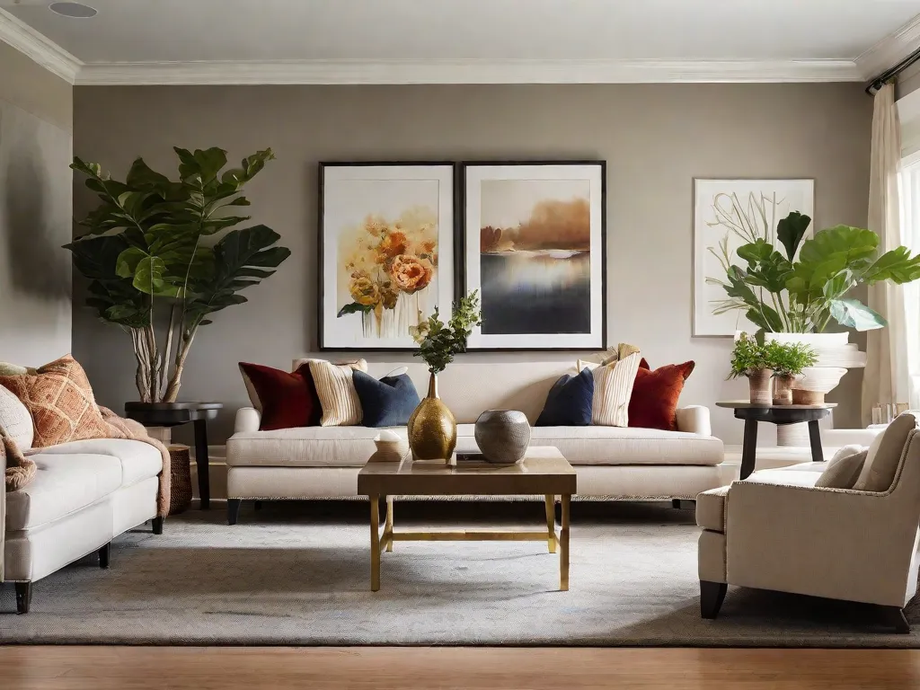 Uma sala de estar aconchegante com uma paleta de cores neutras e móveis confortáveis. Uma grande obra de arte chama a atenção na parede, adicionando um toque de cor. A sala é cheia de luz natural, criando uma atmosfera acolhedora e convidativa. Almofadas decorativas e mantas são espalhadas pelo sofá, adicionando textura e conforto. Uma mesa de café