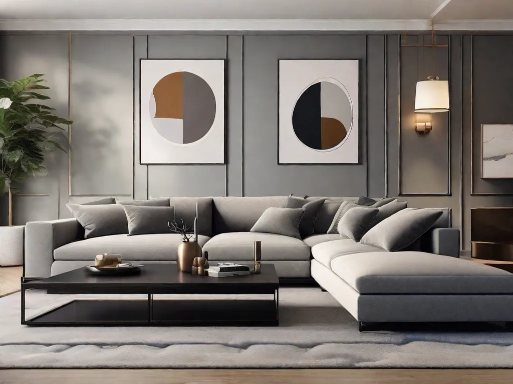 Descrição da imagem: Uma sala de estar aconchegante com um design moderno. O cômodo possui uma paleta de cores minimalista, com um sofá cinza confortável, uma mesa de centro elegante e um elegante abajur de chão. As paredes são adornadas com obras de arte abstratas, adicionando um toque de sofisticação ao espaço.