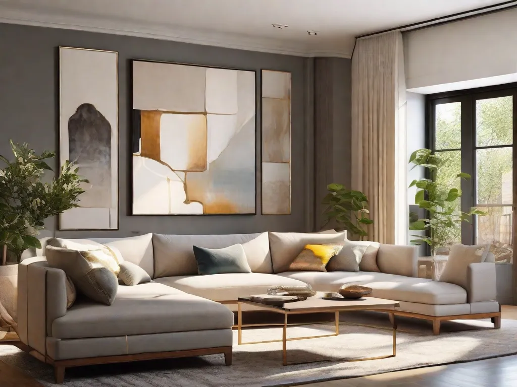 Descrição: Uma sala de estar aconchegante com uma paleta de cores neutras. A sala é decorada com almofadas decorativas e um cobertor macio em um sofá confortável. Uma pintura abstrata grande está pendurada na parede, adicionando um toque de cor ao espaço. A luz do sol entra pela janela, criando uma atmosfera acolhedora e convidativa.