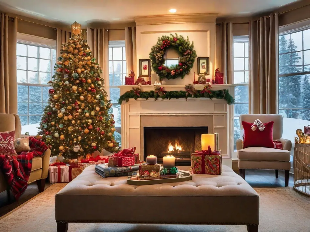 Descrição da imagem: Uma sala de estar aconchegante adornada com decorações festivas de Natal. Uma árvore de Natal lindamente decorada fica alta em um canto, adornada com luzes cintilantes e uma variedade de enfeites coloridos. A sala está banhada em um brilho dourado e quente da lareira, onde meias penduradas aguardam presentes. Os móveis