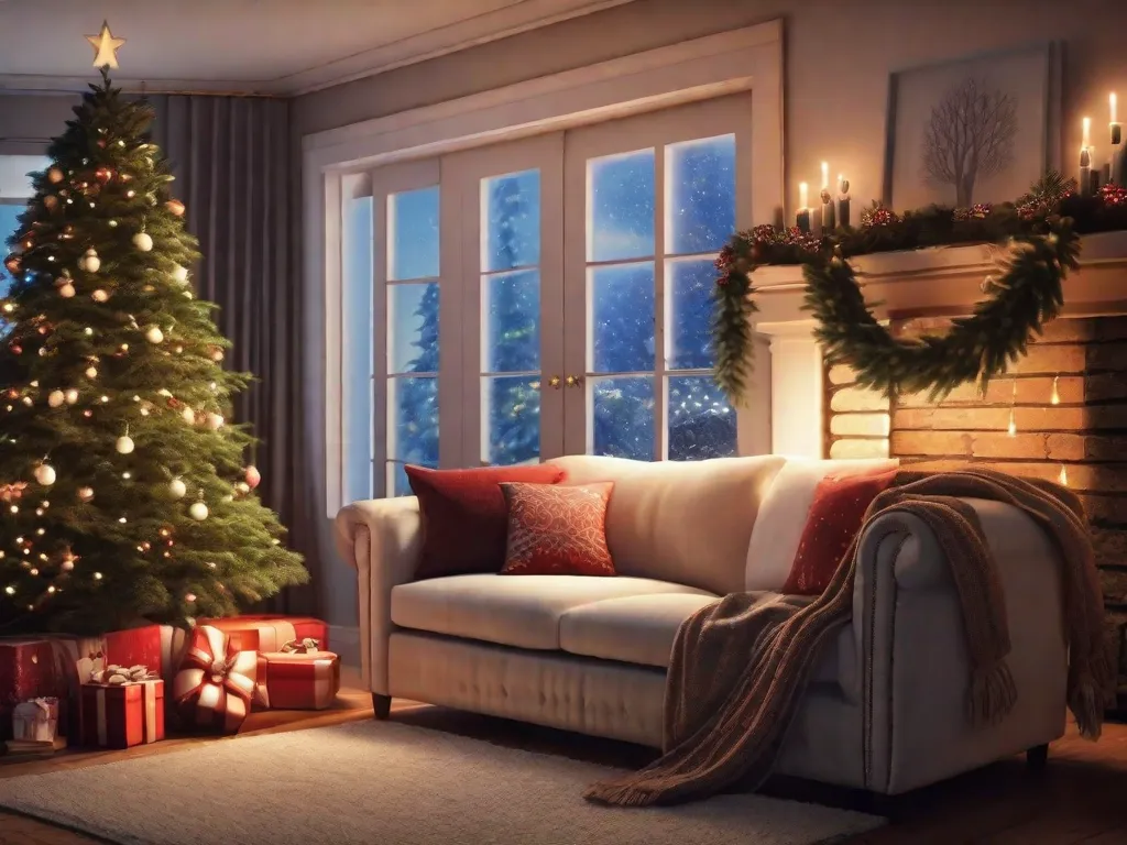 Uma sala de estar aconchegante adornada com luzes cintilantes, uma árvore de Natal lindamente decorada que se destaca no canto e enfeites festivos espalhados pelo ambiente. A lareira crepita com calor enquanto meias pendem, esperando serem preenchidas com presentes. O ambiente está cheio de alegria natalina e antecipação para a temporada festiva que