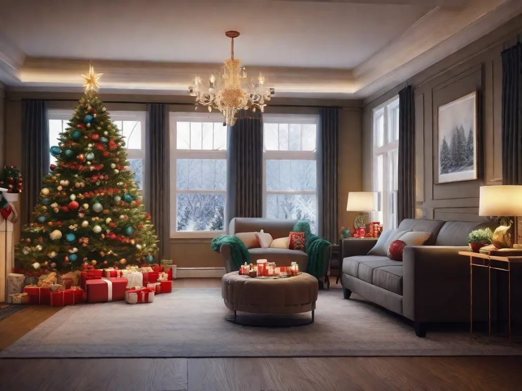 Uma sala de estar aconchegante adornada com luzes cintilantes, uma árvore de Natal lindamente decorada que se destaca no canto e enfeites festivos espalhados pelo ambiente. A lareira crepita com calor enquanto meias pendem, esperando serem preenchidas com presentes. O ambiente está cheio de alegria natalina e antecipação para a temporada festiva que