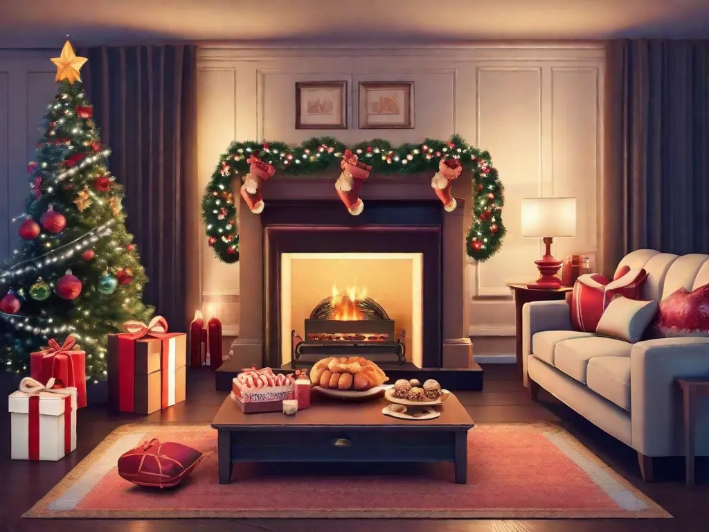 Uma sala de estar aconchegante adornada com luzes cintilantes e uma árvore de Natal lindamente decorada, cercada por enfeites e guirlandas festivas. A lareira crepita calorosamente, lançando um brilho suave no ambiente, enquanto meias penduradas aguardam a visita do Papai Noel. A cena é completada com almofadas felpudas temáticas de Natal