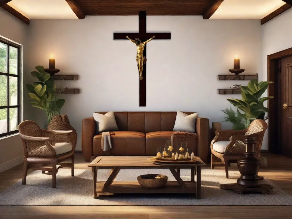 Descrição: Uma sala de estar lindamente decorada com um tema rústico inspirado em São Francisco de Assis. O ponto focal é uma grande cruz de madeira pendurada na parede, cercada por tons terrosos e elementos naturais. Velas e artefatos religiosos adicionam um toque único, criando uma atmosfera serena e inspiradora.