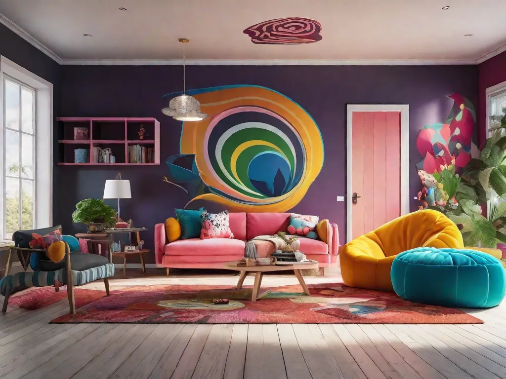 Uma sala de estar vibrante e lúdica com uma paleta de cores ousada e padrões divertidos. Uma mistura de móveis ecléticos, incluindo uma peça de destaque como uma poltrona de saco de feijão colorida e grande, cria uma atmosfera divertida e imaginativa. As paredes são adornadas com adesivos de parede únicos que retratam cenas imaginativas, enquanto um