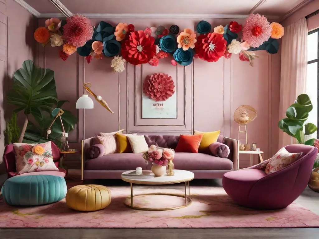 Uma sala de estar vibrante e extravagante com uma mistura de cores audaciosas e padrões divertidos. Uma parede de destaque adornada com flores de papel gigantes adiciona um toque de fantasia, enquanto uma cadeira de balanço suspensa convida você a relaxar e abraçar sua criança interior. Este espaço criativo certamente irá inspirar imaginação e alegria em 2024!