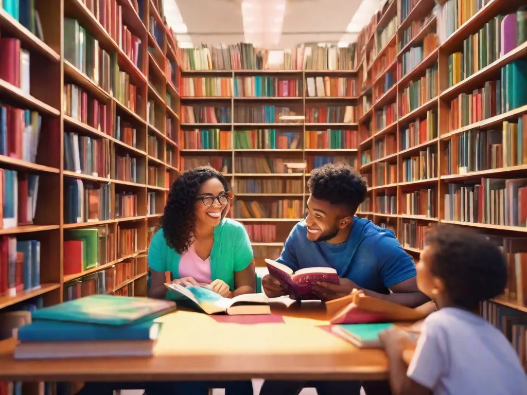 Uma imagem vibrante de uma biblioteca colorida, repleta de prateleiras cheias de livros. A frente mostra um grupo de jovens adultos diversos, absortos na leitura, seus rostos irradiando alegria e curiosidade. A imagem captura a essência da parceria vital entre educação e literatura infantil, cultivando o amor pelo aprendizado e pela imaginação.