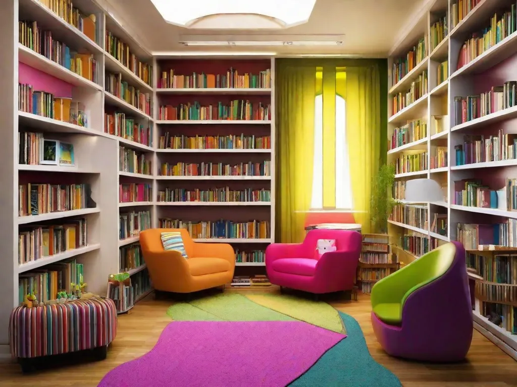 Uma imagem vibrante de uma biblioteca colorida, repleta de prateleiras cheias de livros. A frente mostra um grupo de jovens adultos diversos, absortos na leitura, seus rostos irradiando alegria e curiosidade. A imagem captura a essência da parceria vital entre educação e literatura infantil, cultivando o amor pelo aprendizado e pela imaginação.
