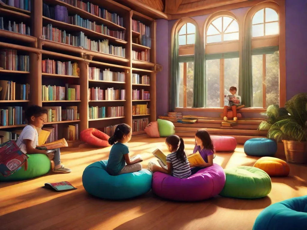 Descrição da imagem: Uma biblioteca colorida cheia de estantes de livros, convidando crianças a explorar o mundo mágico da literatura. Um grupo de crianças pode ser visto sentado em pufes aconchegantes, absortas em suas histórias favoritas, suas imaginações voando soltas enquanto embarcam em aventuras emocionantes através das páginas dos livros.