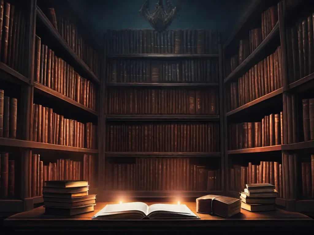 Uma imagem sombria e assustadora de uma biblioteca fracamente iluminada, com prateleiras cheias de livros antigos e empoeirados. Em primeiro plano, uma poltrona desgastada está sinistramente posicionada, lançando sombras longas. A atmosfera é pesada de suspense, evocando uma sensação de horror psicológico encontrado na literatura.