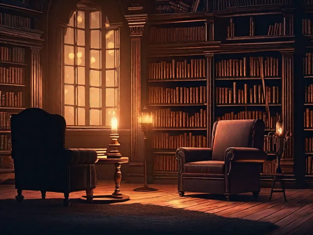 Uma imagem sombria e atmosférica de uma biblioteca fracamente iluminada, com prateleiras cheias de livros antigos e empoeirados. Em primeiro plano, uma poltrona desgastada está sinistramente posicionada, rodeada por uma luz de velas oscilante. A imagem evoca uma sensação de desconforto psicológico e mistério, refletindo os temas e técnicas do horror