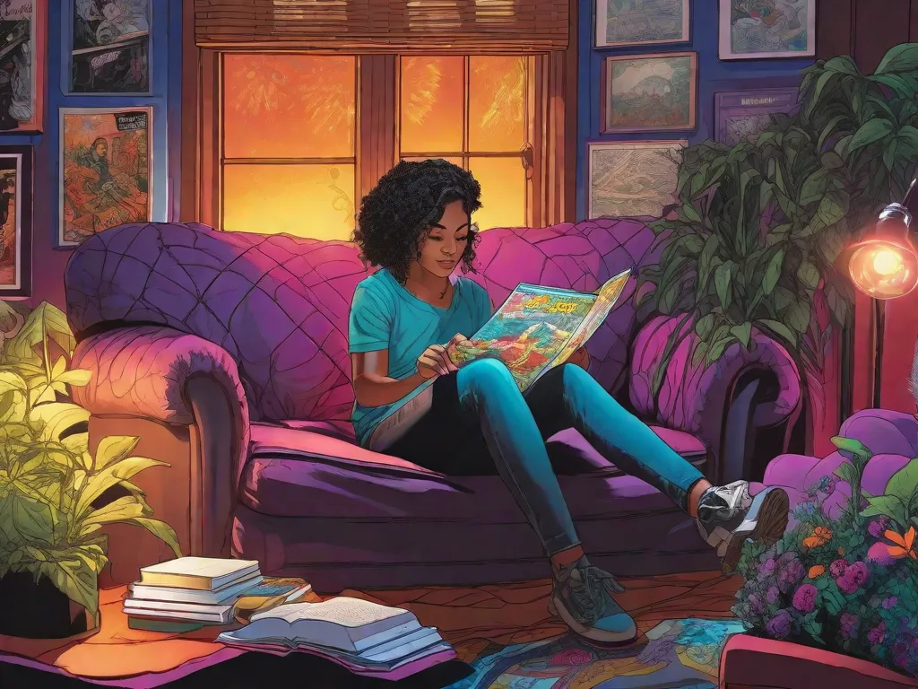 Descrição: Uma imagem vibrante de uma pessoa sentada em um canto aconchegante, absorta em uma novela gráfica. A pessoa está rodeada por painéis de quadrinhos coloridos que ganham vida, retratando diversos gêneros e temas. A imagem destaca a narrativa imersiva, as ilustrações artísticas e as narrativas diversas que fazem das novelas gráficas mais do que apenas quadrinhos