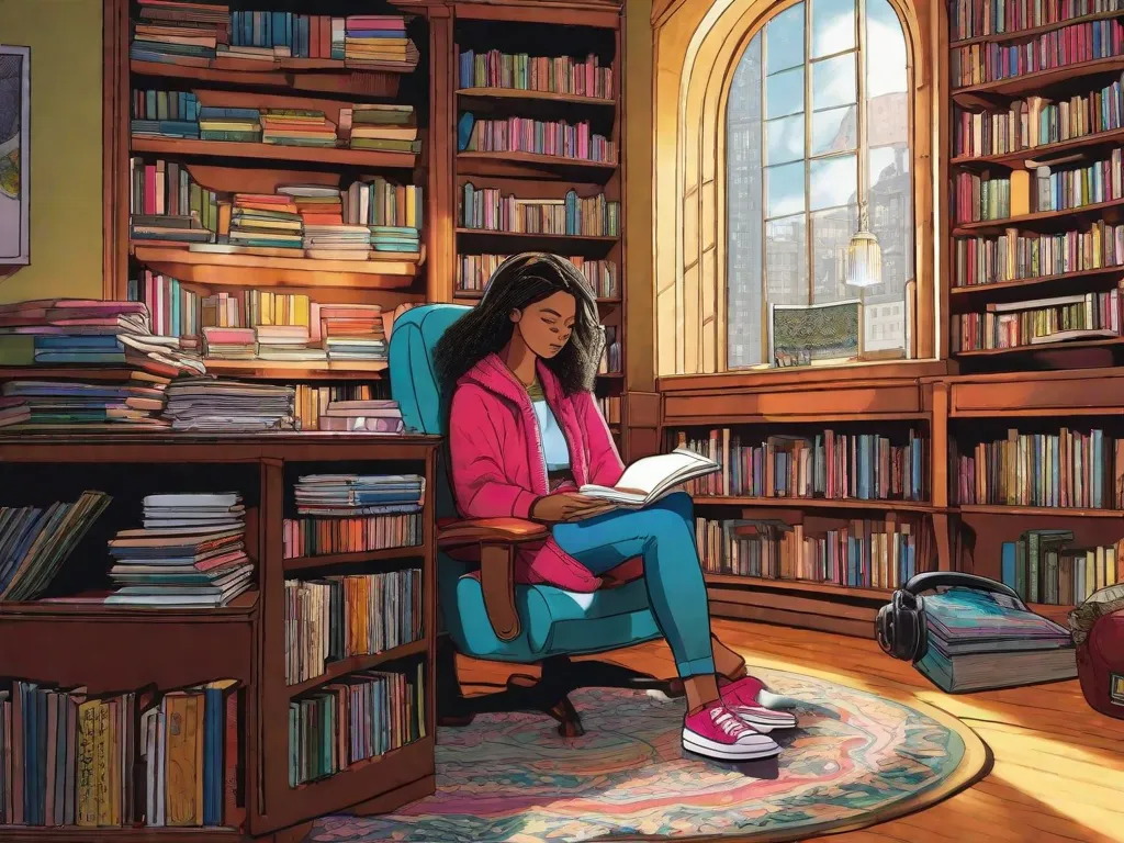 Uma imagem vibrante retrata uma pessoa sentada em um canto aconchegante de uma biblioteca, absorta em uma história em quadrinhos. As prateleiras atrás delas estão repletas de várias histórias em quadrinhos, exibindo a diversidade de gêneros e estilos artísticos. A imagem captura a narrativa envolvente e o apelo visual que tornam as histórias em quadr