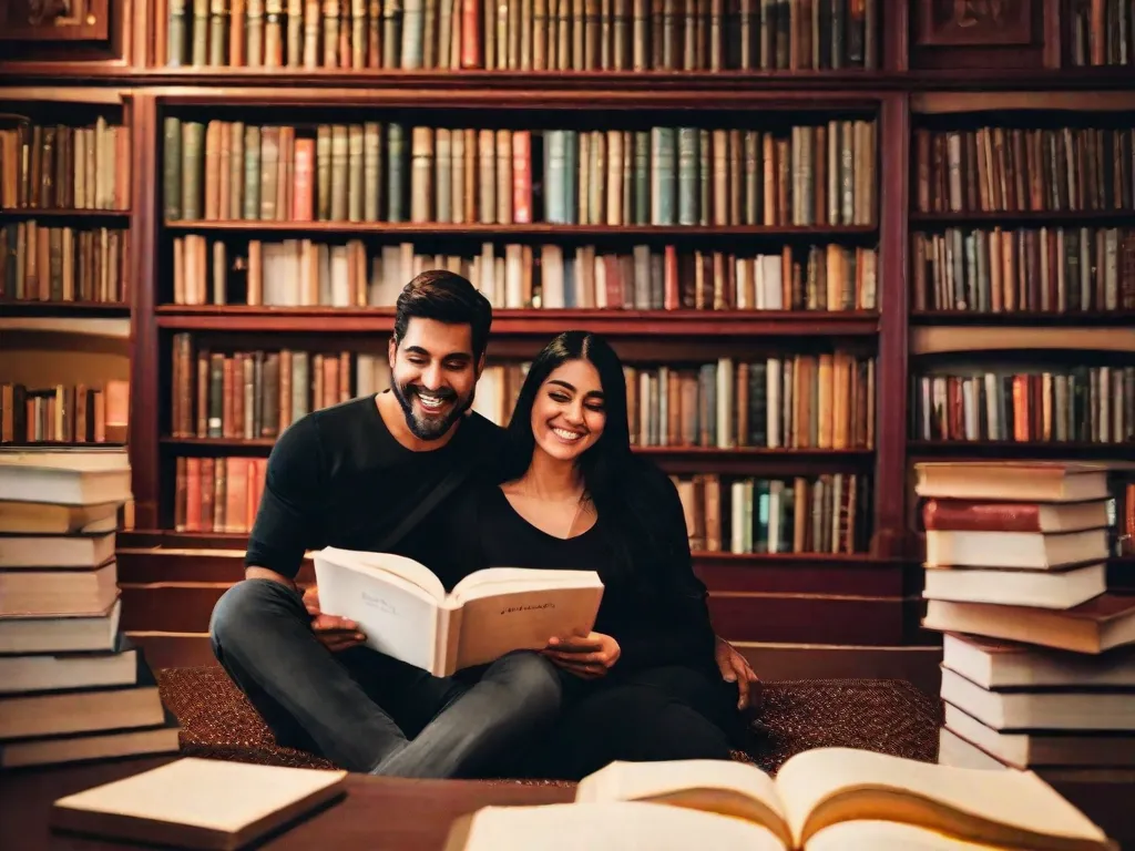 Descrição da imagem: Um casal senta lado a lado em um sofá aconchegante, absorto em seus respectivos livros. A luz suave de uma lâmpada de leitura ilumina o ambiente, criando uma atmosfera íntima. Suas mãos ocasionalmente se tocam ao virar as páginas, simbolizando a conexão e a experiência compartilhada que a literatura traz para