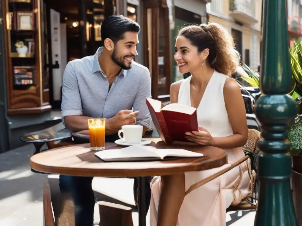 A imagem retrata um casal sentado em um café, cada um segurando um livro. Suas expressões faciais demonstram interesse e fascínio enquanto conversam sobre os personagens e eventos dos livros. A presença dos livros simboliza como a literatura pode enriquecer e influenciar os relacionamentos amorosos, proporcionando assuntos de conversa e uma conexão intelectual mais profunda.