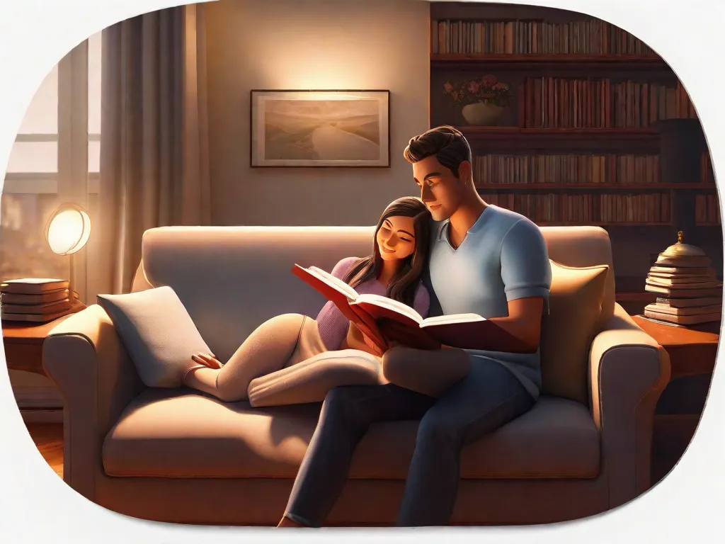 Descrição da imagem: Um casal senta lado a lado em um sofá aconchegante, absorto em seus respectivos livros. A luz suave de uma lâmpada de leitura ilumina o ambiente, criando uma atmosfera íntima. Suas mãos ocasionalmente se tocam ao virar as páginas, simbolizando a conexão e a experiência compartilhada que a literatura traz para