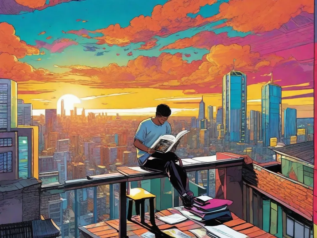 Uma imagem cativante que mostra o mundo das novelas gráficas: Um grupo de personagens coloridos, cada um com seus poderes e personalidades únicas, saltando das páginas de um quadrinho. A arte dinâmica e as expressões faciais expressivas transmitem o poder da narrativa visual, mergulhando os leitores em uma experiência narrativa visualmente rica.