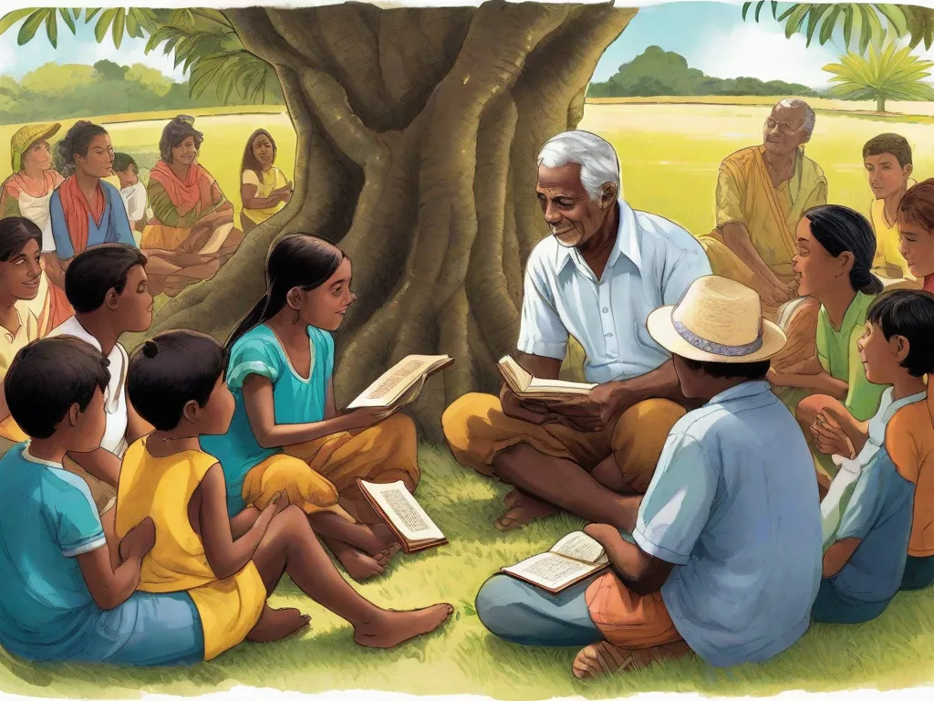 Uma imagem de um homem idoso sentado debaixo de uma árvore, cercado por um grupo de pessoas de diferentes idades. Ele segura um pequeno livro em suas mãos, lendo em voz alta a partir dele, enquanto os outros ouvem atentamente, cativados pela rica narrativa da tradicional literatura de cordel brasileira. A cena retrata a preservação do patrimônio cultural através da tradição