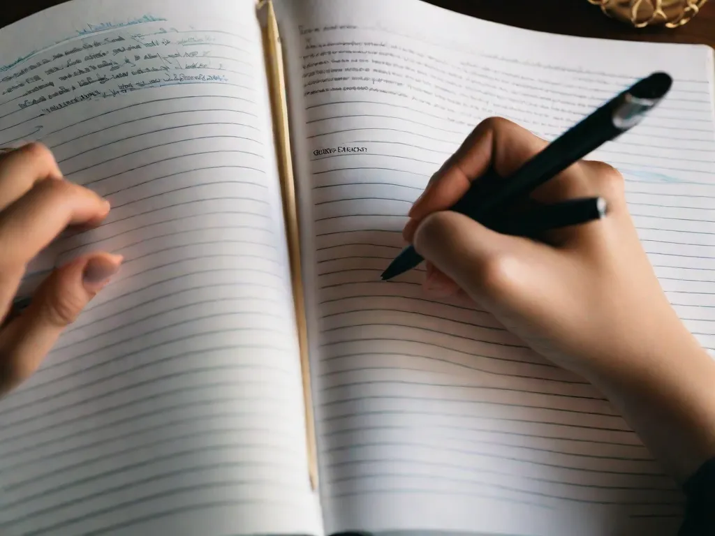 Descrição da imagem: Um close-up das mãos de uma pessoa segurando uma caneta e escrevendo em um caderno. O caderno está preenchido com páginas de texto escrito de forma organizada, mostrando o processo de envolvimento em ensaios literários. A imagem representa a importância dos ensaios literários na educação, destacando o ato de pensar criticamente, analisar e se expressar por meio da escrita