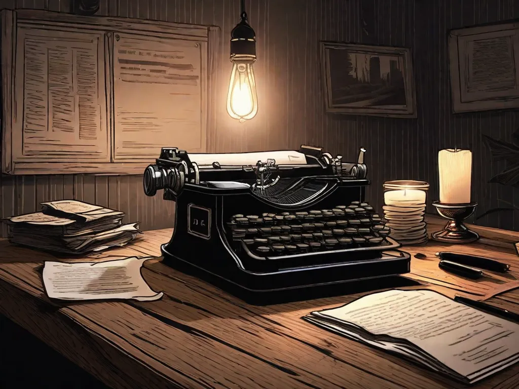 Descrição da imagem: Um quarto com pouca iluminação, com uma máquina de escrever em cima de uma mesa de madeira. O quarto está cheio de sombras assustadoras, e uma única vela tremeluzente é a única fonte de luz. A máquina de escrever está cercada por pedaços de papel amassados, como se o escritor estivesse lutando para encontrar as palavras perfeitas
