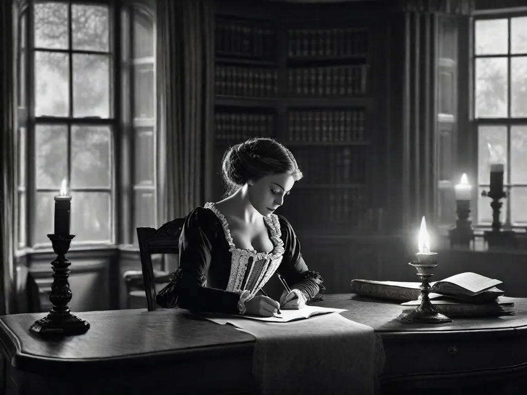 Uma imagem em preto e branco de uma sala de estudo fracamente iluminada, cheia de móveis antigos e prateleiras empilhadas com livros encadernados em couro. Uma pena de escrever e um tinteiro estão sobre uma mesa, ao lado de um manuscrito em pergaminho. O brilho suave de uma vela ilumina o ambiente, nos transportando para uma era passada da