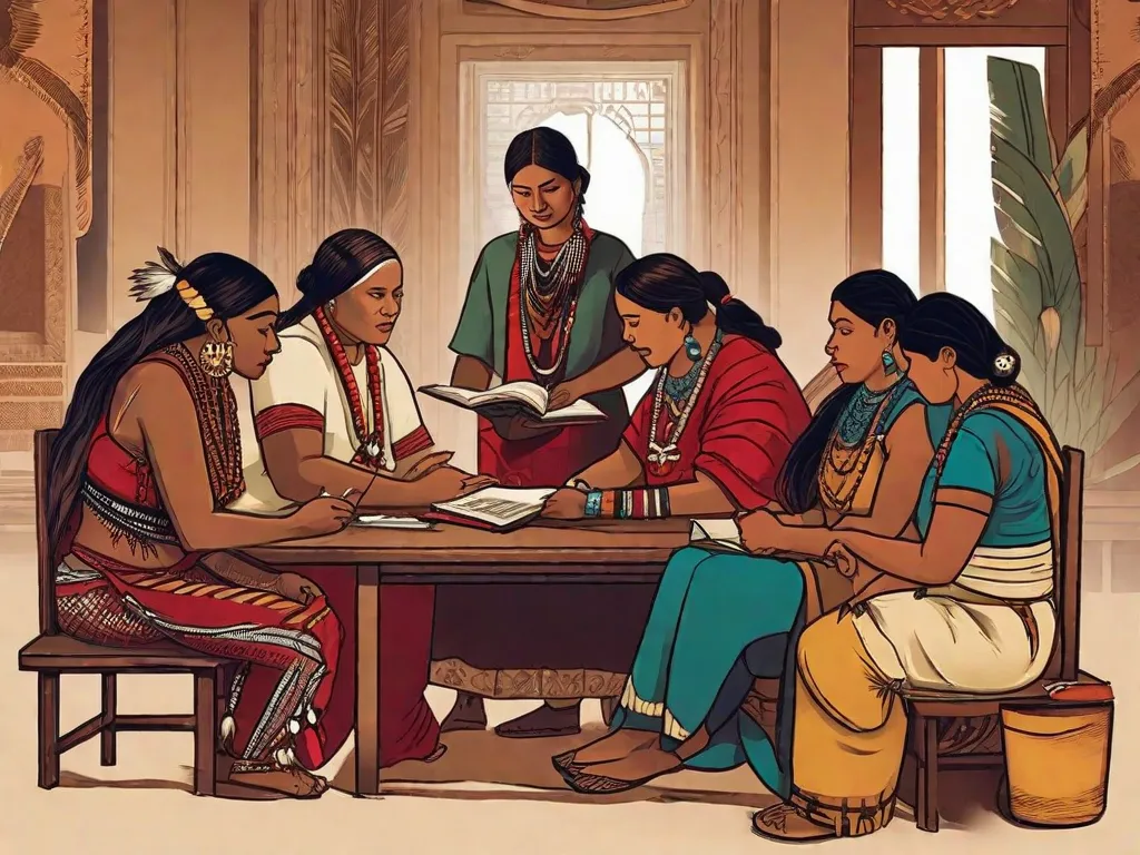 Na imagem, um grupo de escritores indígenas está reunido ao redor de uma mesa, envolvidos em uma conversa e compartilhando suas histórias. Cada escritor segura uma caneta e um caderno, simbolizando o poder de suas palavras na preservação de sua cultura e no desafio às normas literárias. Suas origens diversas são refletidas em suas vestimentas tradicionais, mostr