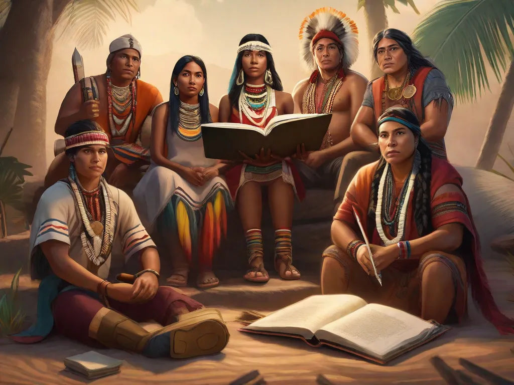Uma imagem de um grupo de escritores indígenas sentados juntos, cada um segurando uma caneta e um caderno. Eles estão cercados por livros e artefatos tradicionais, simbolizando a preservação de suas culturas por meio de suas palavras escritas. A imagem captura a força e a resiliência das comunidades indígenas na preservação de seu patrimônio por meio da narr