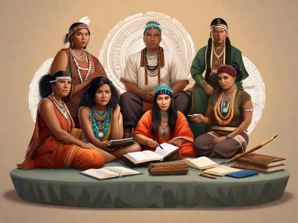 Uma imagem de um grupo de escritores indígenas sentados juntos, cada um segurando uma caneta e um caderno, imersos em seu trabalho. Eles estão cercados por símbolos de suas respectivas culturas, como roupas tradicionais, artefatos e obras de arte. A imagem captura a essência de sua missão de preservar suas culturas através do poder da escrita.