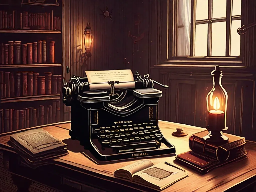 Descrição: Um quarto com pouca iluminação, com uma máquina de escrever antiga sobre uma mesa de madeira. O quarto está cheio de livros antigos, projetando sombras assustadoras nas paredes. Uma única vela tremula no canto, criando uma atmosfera de mistério e antecipação. As teclas da máquina de escrever estão manchadas de sangue seco, sugerindo