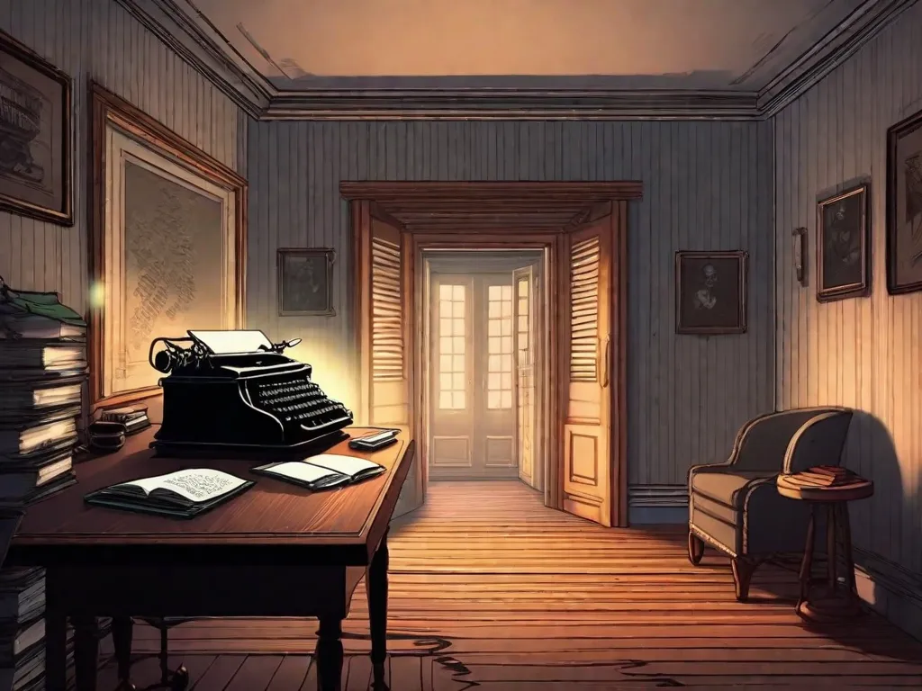 Descrição: Um quarto com pouca iluminação, com uma máquina de escrever antiga sobre uma escrivaninha de madeira. A máquina de escrever está cercada por páginas espalhadas, repletas de contos assustadores. Sombras sinistras dançam nas paredes, criando uma atmosfera de suspense e medo, convidando o leitor a adentrar no mundo da literatura de