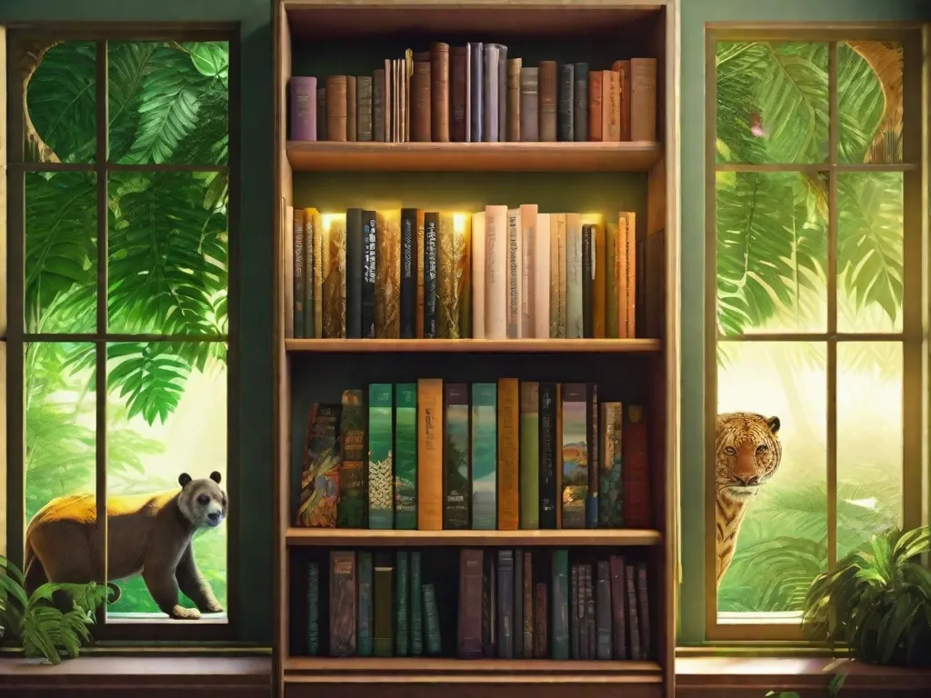 Descrição da imagem: Uma estante de livros cheia de romances que exploram temas ambientais. Os livros são adornados com capas vibrantes que retratam florestas exuberantes, animais em perigo e paisagens intocadas. Raios de sol filtram pela janela, iluminando os títulos, convidando os leitores a embarcarem em uma jornada eco-literária.