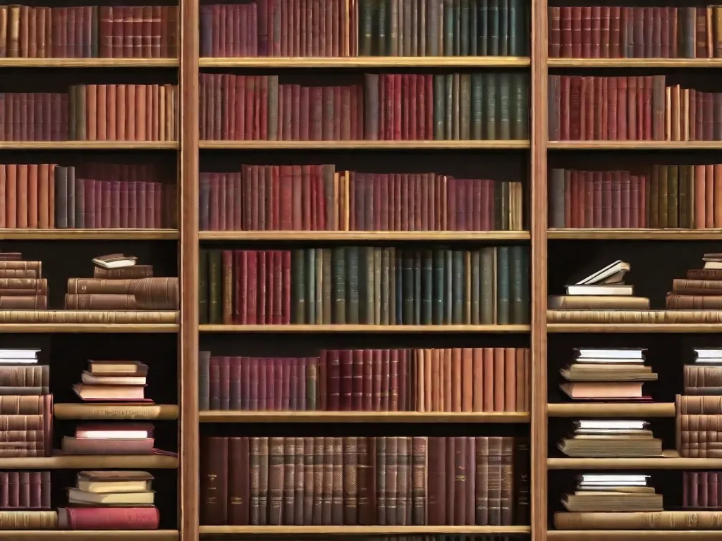 Uma imagem de uma estante com uma coleção de obras clássicas de filosofia e literatura. Os livros estão dispostos lado a lado, simbolizando a intricada e entrelaçada relação entre filosofia e literatura. A imagem captura a essência de como essas duas disciplinas inspiram e informam uma à outra, oferecendo insights profundos sobre a experiência humana.