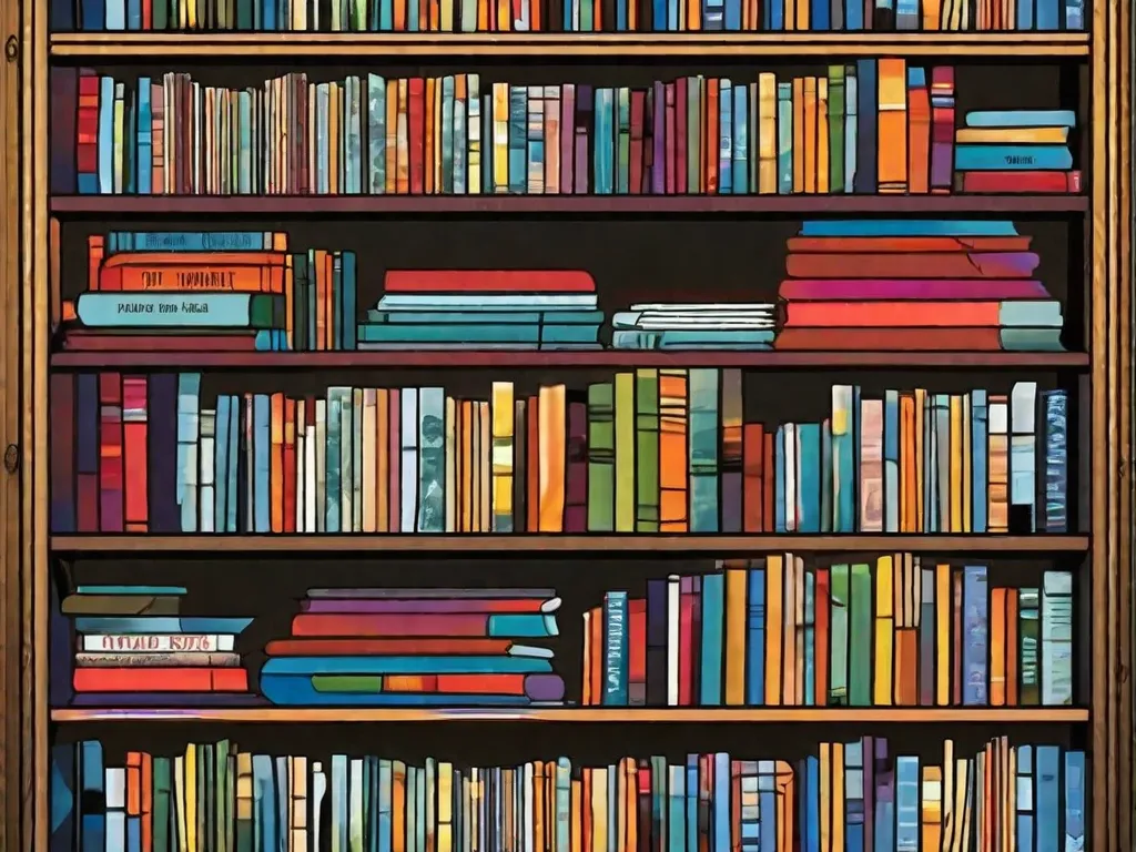 Uma imagem vibrante e cativante exibindo uma estante repleta de romances gráficos do século XXI. As lombadas coloridas dos romances exibem vários estilos de arte e gêneros, representando as obras influentes que tiveram um impacto significativo no meio dos romances gráficos neste século.