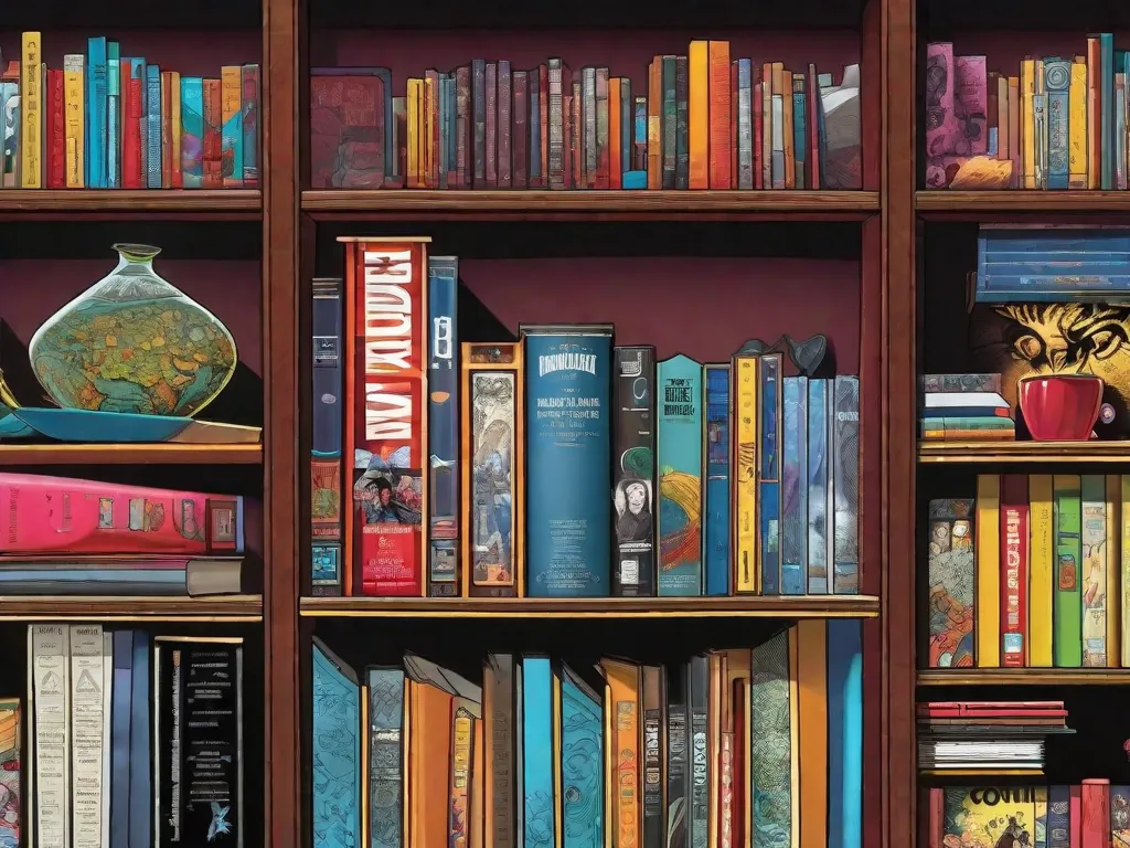Uma imagem visualmente impressionante de uma estante cheia de uma variedade de romances gráficos do século XXI. As capas vibrantes e estilos de arte diversos representam as obras influentes que têm cativado os leitores e empurrado os limites da narrativa no mundo dos romances gráficos.