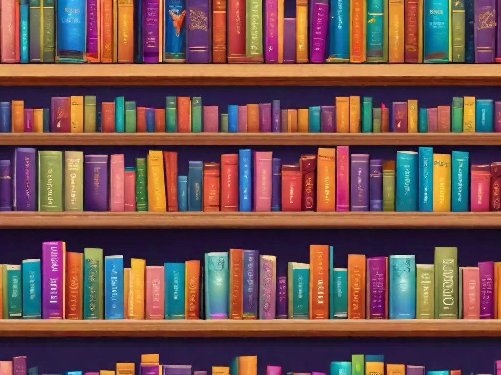Descrição da imagem: Uma estante de livros colorida, cheia de uma variedade de livros infantis e juvenis. Os livros estão organizados de forma arrumada por gênero e faixa etária, convidando as crianças a explorar diferentes histórias e personagens. Um cantinho aconchegante para leitura, com um puff fofinho e uma manta macia, está colocado ao lado da estante,