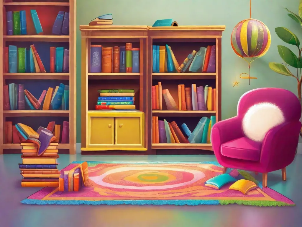 Descrição da imagem: Uma estante de livros colorida, cheia de uma variedade de livros infantis e juvenis. Os livros estão organizados de forma arrumada por gênero e faixa etária, convidando as crianças a explorar diferentes histórias e personagens. Um cantinho aconchegante para leitura, com um puff fofinho e uma manta macia, está colocado ao lado da estante,