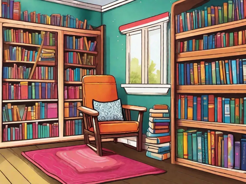 Descrição da imagem: Uma estante de livros colorida, cheia de uma variedade de livros, que vão desde livros ilustrados até livros de capítulos. Os livros estão organizados de forma arrumada, com lombadas vibrantes exibindo títulos e ilustrações. Um pequeno cantinho de leitura com uma cadeira aconchegante e uma manta macia está situado ao lado da est