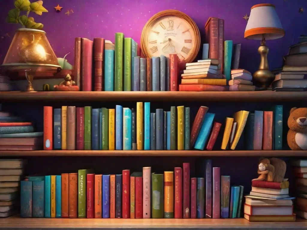 Uma estante colorida repleta de uma variedade de livros envolventes e cativantes para jovens leitores. Os livros vão desde aventura e fantasia até histórias educativas e inspiradoras, atraindo as crianças para explorar o mundo mágico da leitura.