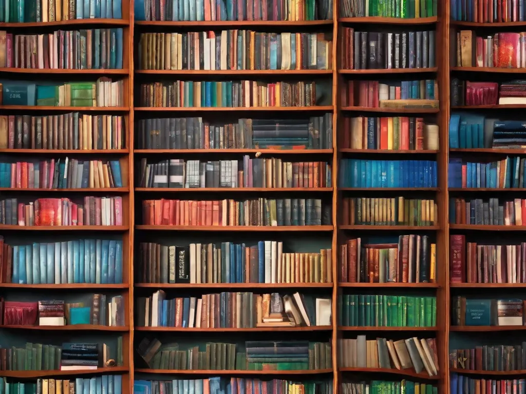 Uma estante de livros vibrante e colorida, cheia de uma variedade de livros que representam diferentes gêneros e temas. Cada livro é único, mostrando a diversidade e criatividade que dominarão a indústria editorial no próximo ano. A imagem captura a emoção e a expectativa dos novos lançamentos literários e as infinitas possibilidades que aguardam os leitores.