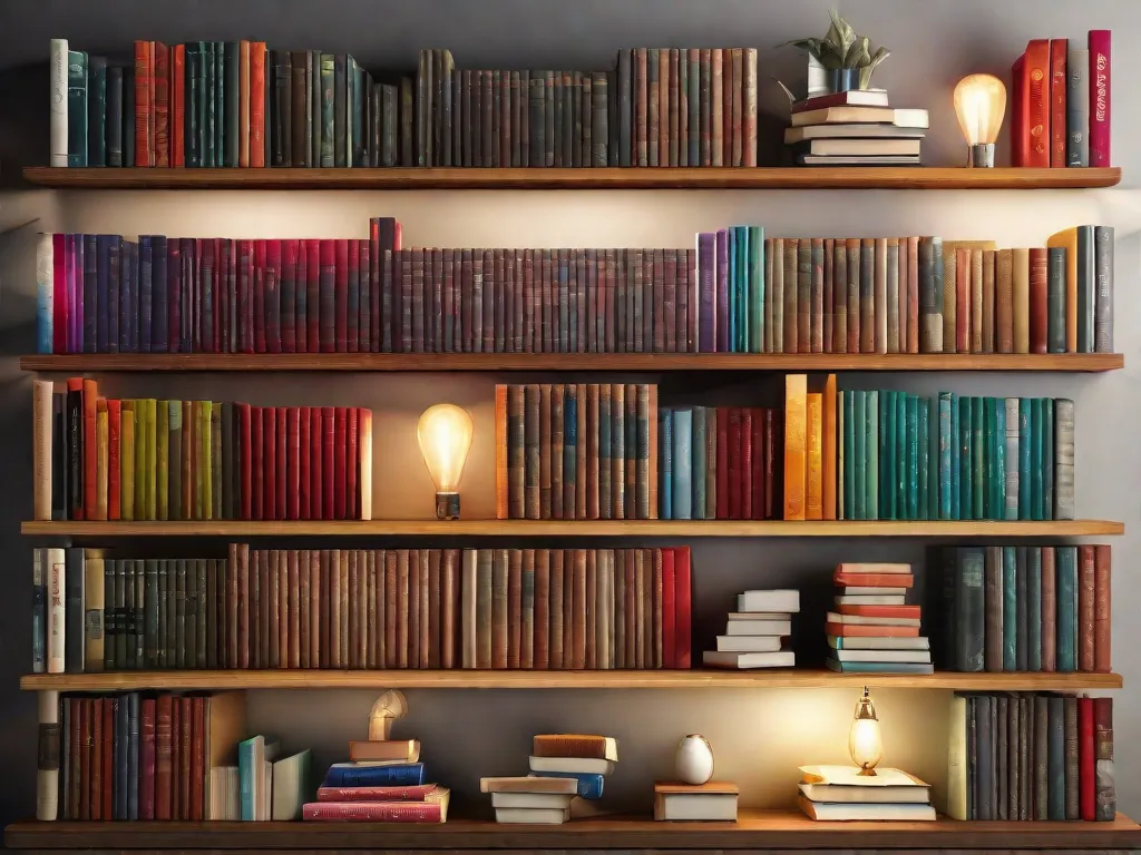 Uma estante de livros vibrante exibindo uma variedade diversa de romances recém-lançados, memórias e livros de não-ficção. Os títulos abrangem uma variedade de gêneros, desde thrillers até autoajuda, prometendo um ano emocionante para os amantes de livros. A imagem captura a antecipação e as possibilidades que surgem ao explorar nov