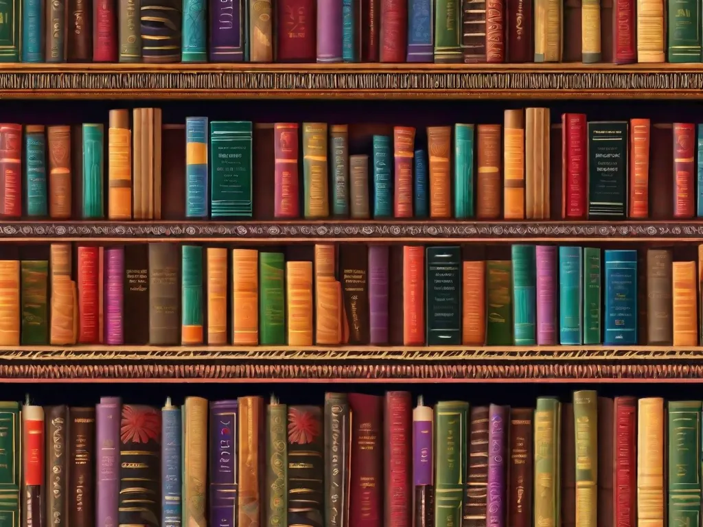 A imagem retrata uma estante de livros vibrante, repleta de livros escritos por autores indígenas. Cada livro representa uma voz e perspectiva únicas, exibindo as ricas e diversas contribuições literárias de escritores indígenas. As cores e padrões nas capas dos livros refletem a herança cultural e tradições de contar histórias dessas importantes vozes na literatura.