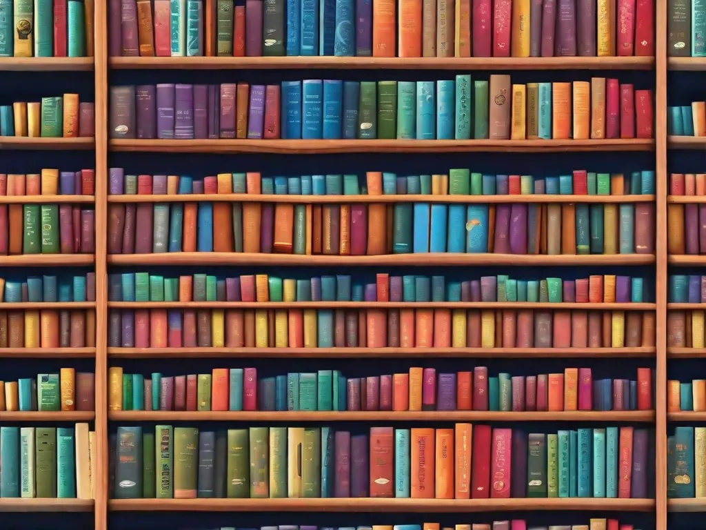Uma imagem em close de uma estante de livros cheia de livros infantis e juvenis coloridos e diversos. Os livros estão organizados de forma arrumada, mostrando o poder da literatura no desenvolvimento emocional. A imagem reflete a importância da contação de histórias na formação das mentes jovens e no cultivo da empatia, resiliência e inteligência emocional.