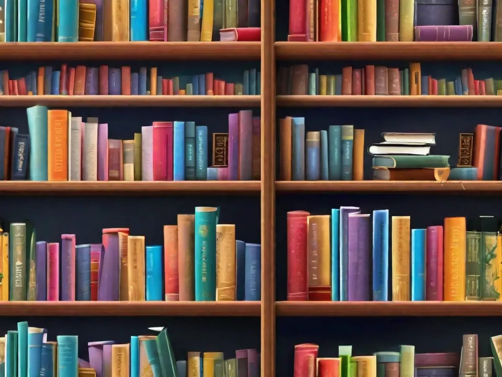 Uma estante colorida cheia de uma variedade de cativantes literaturas infantis e juvenis. Cada livro representa um mundo de imaginação e conhecimento, promovendo o amor pela leitura e aprendizado nas mentes jovens. A imagem destaca a importância da educação e o poder da literatura em moldar a vida de crianças e adolescentes.