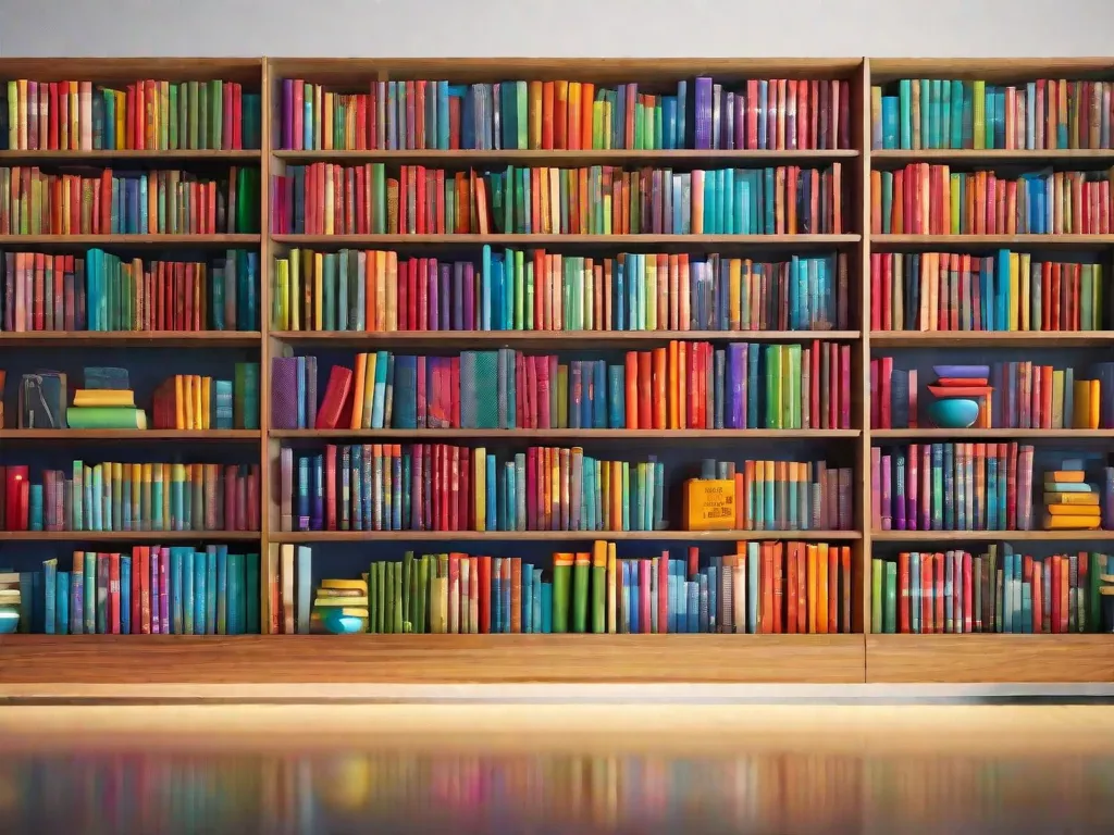 Uma estante de livros vibrante, repleta de uma variedade de capas coloridas, representando a diversidade de tendências editoriais do ano. Cada livro se destaca, exibindo fontes únicas, ilustrações cativantes e títulos intrigantes, convidando os leitores a embarcarem em novas aventuras literárias.