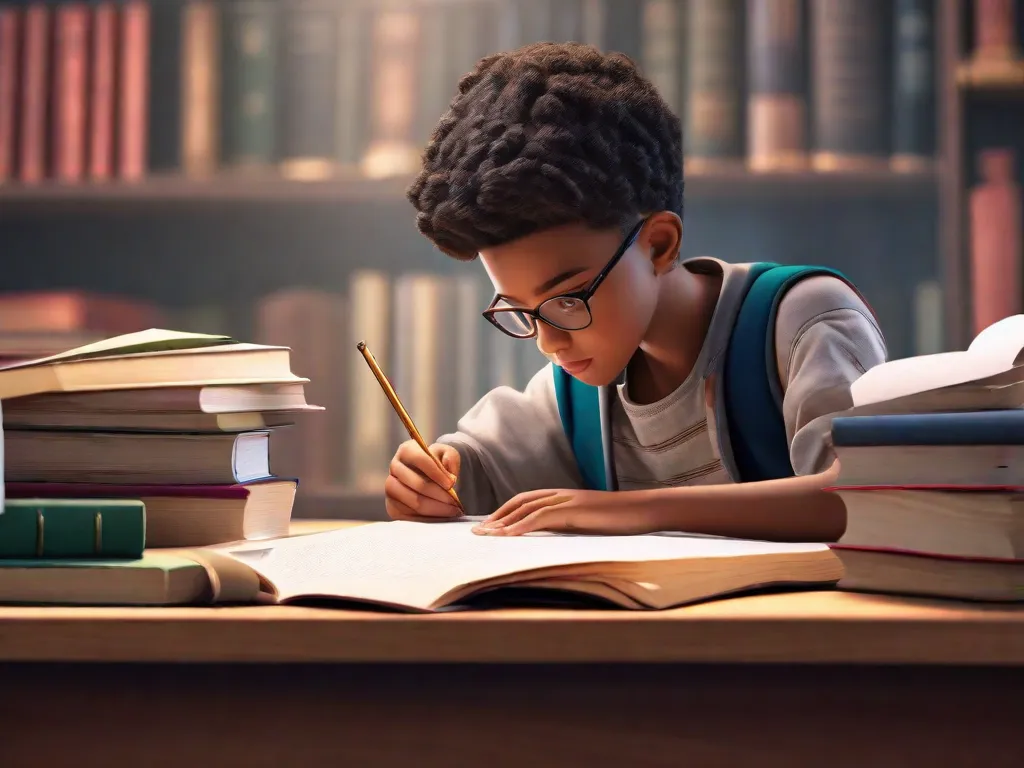 Descrição da imagem: Um jovem estudante está sentado em uma mesa, cercado por pilhas de livros e papéis. Com uma expressão concentrada, ele está analisando uma obra literária, destacando passagens importantes e fazendo anotações. A imagem captura a dedicação e a curiosidade intelectual necessárias para mergulhar nas profundezas da análise literária.