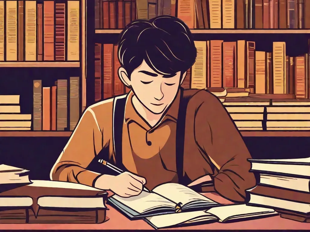 Descrição da imagem:
Um jovem estudante está sentado em uma mesa de madeira, cercado por pilhas de livros e papéis. Eles têm uma expressão pensativa no rosto enquanto analisam uma obra literária, com uma caneta na mão e um bloco de notas aberto à sua frente. As prateleiras atrás deles estão cheias de romances clássicos, mostrando o rico mundo da literatura esper