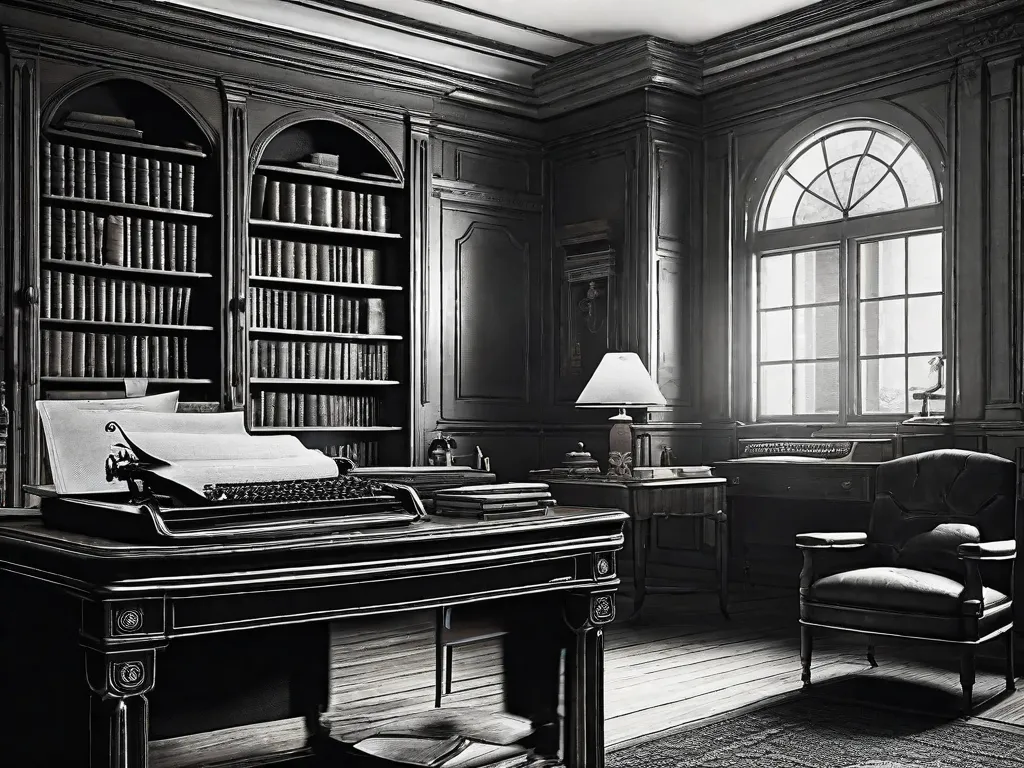 Uma fotografia em preto e branco captura uma sala de estudo fracamente iluminada, adornada com móveis antigos e prateleiras repletas de livros encadernados em couro. Uma caneta de pena repousa sobre um tinteiro, enquanto uma máquina de escrever vintage está sobre uma escrivaninha desgastada. A imagem evoca a atmosfera de uma era passada, dando vida à