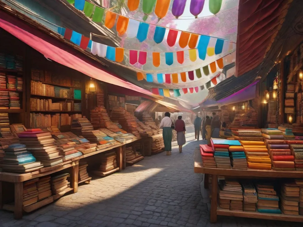 Uma imagem de um mercado vibrante, com uma exibição colorida de livros artesanais, mostrando a arte da literatura de cordel. Os livros estão cheios de histórias e poemas cativantes, preservando o rico patrimônio cultural e as tradições orais da região.