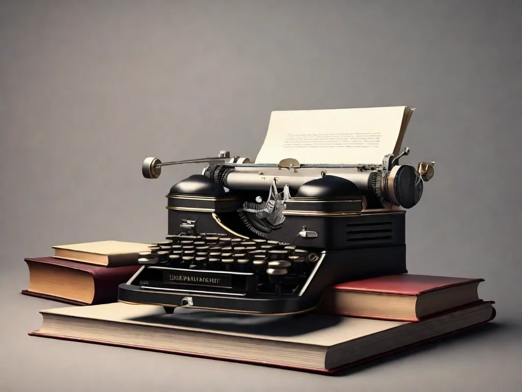 Uma imagem que retrata uma máquina de escrever antiga colocada em cima de uma pilha de livros filosóficos, simbolizando a relação entrelaçada entre filosofia e literatura. A máquina de escrever representa a expressão criativa encontrada na literatura, enquanto os livros representam as ideias profundas e os conceitos filosóficos que inspiram e moldam as obras literárias